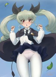 Rule 34 | 10s, 1girl, anchovy (girls und panzer), bad id, bad pixiv id, black skirt, brown eyes, cape, clothes lift, crotch seam, drill hair, girls und panzer, gradient background, grey hair, long hair, panties, panties under pantyhose, pantyhose, pantyshot, skirt, skirt lift, solo, solokov (okb-999), twin drills, twintails, underwear, white pantyhose, wind, wind lift