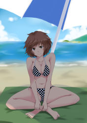 Rule 34 | 1girl, absurdres, ankle grab, beach, beach towel, beach umbrella, bikini, blue sky, breasts, brown eyes, brown hair, checkered bikini, checkered clothes, cleavage, cloud, commentary request, commission, green towel, highres, indian style, isosceles triangle (xyzxyzxyz), large breasts, looking at viewer, medium breasts, medium hair, navel, ocean, original, sand, sitting, sky, smile, solo, swimsuit, towel, umbrella, v arms, water