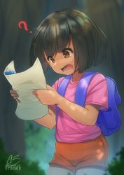 Rule 34 | 1girl, ?, absurdres, acrylicstroke, animification, artist name, backpack, bag, black hair, blunt bangs, blurry, blurry background, brown eyes, child, commentary, dark-skinned female, dark skin, dora marquez, dora the explorer, english commentary, forest, highres, holding, holding map, huge filesize, map, nature, open mouth, orange shorts, pink shirt, shirt, short hair, short sleeves, shorts, solo, standing, tears