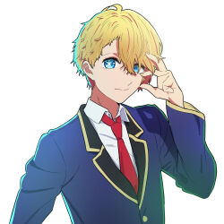 Rule 34 | 1boy, absurdres, blazer, blonde hair, blue eyes, blue jacket, closed mouth, collared shirt, commentary request, dress shirt, eastman, hair between eyes, hand up, highres, hoshino aquamarine, jacket, long sleeves, looking at viewer, making-of available, male focus, mismatched pupils, necktie, no pupils, oshi no ko, red necktie, school uniform, shadow, shirt, short hair, simple background, smile, solo, star-shaped pupils, star (symbol), symbol-shaped pupils, upper body, white background, white shirt, youtou high school uniform