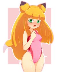Rule 34 | 1girl, a-ktoo, animal ears, blunt bangs, blush, border, breasts, clenched hand, collarbone, competition swimsuit, covered navel, embarrassed, fox ears, fox girl, fox tail, highleg, long hair, medium breasts, okon (pop&#039;n music), one-piece swimsuit, open mouth, pink one-piece swimsuit, pop&#039;n music, solo, swimsuit, tail, tears, tight clothes, white border, wide hips