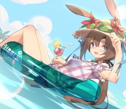 Rule 34 | 1girl, :d, amiya (arknights), animal ear fluff, animal ears, arknights, bendy straw, black ribbon, blue eyes, blue shorts, blue sky, blush, breasts, brown hair, brown hat, cloud, commentary request, cup, day, drink, drinking glass, drinking straw, dutch angle, ears through headwear, flower, goggles, goggles on headwear, hair between eyes, hair ribbon, hat, hat flower, holding, holding cup, ice, ice cube, innertube, kildir, open mouth, outdoors, palm tree, plaid, plaid skirt, ponytail, puffy short sleeves, puffy sleeves, rabbit ears, red flower, ribbon, short shorts, short sleeves, shorts, skirt, sky, small breasts, smile, solo, straw hat, swim ring, transparent, tree, water