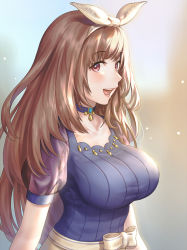 Rule 34 | 1girl, :d, blurry, blurry background, blush, bow, breasts, brown hair, choker, hairband, idolmaster, idolmaster shiny colors, large breasts, lips, long hair, looking to the side, nhaliz, open mouth, red eyes, see-through, smile, solo, taut clothes, teeth, tsukioka kogane, upper body