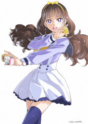 Rule 34 | 1girl, amanogawa kirara, artist name, black footwear, bottle, bow, bowtie, brown hair, cowboy shot, dated, eyebrows, forehead, go! princess precure, hair ribbon, hairband, highres, key, long hair, long sleeves, looking at another, noble academy school uniform, nonitate, open mouth, orange bow, perfume bottle, pleated skirt, precure, puffy long sleeves, puffy sleeves, purple eyes, ribbon, sailor collar, school uniform, skirt, suspender skirt, suspenders, thighhighs, twintails, white skirt