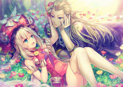 Rule 34 | 1boy, 1girl, :d, arm up, black jacket, blonde hair, blue eyes, blurry, blurry background, blush, breasts, closed mouth, commentary request, day, depth of field, dress, elbow gloves, fate/grand order, fate (series), field, flower, flower field, frilled hat, frills, gloves, grass, hagino kouta, hair between eyes, hair flower, hair ornament, hat, holding, holding flower, jacket, long hair, lying, marie antoinette (fate), on back, on grass, on stomach, open mouth, outdoors, pink flower, red dress, red flower, red gloves, red hat, silver hair, sleeveless, sleeveless dress, small breasts, smile, tree, twintails, very long hair, white gloves, wolfgang amadeus mozart (fate), yellow flower