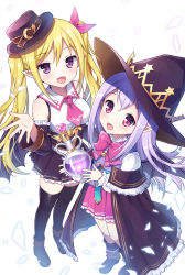 Rule 34 | 2girls, :d, bat wings, blonde hair, blush, boots, bow, fang, flask, hair ribbon, hat, highres, long hair, looking at viewer, mauve, multiple girls, open mouth, pio (potion maker), pointy ears, potion maker, purple eyes, purple hair, ribbon, simple background, smile, thighhighs, tia (potion maker), twintails, white background, wings, witch hat, zettai ryouiki