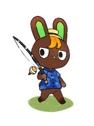 Rule 34 | 1boy, absurdres, animal crossing, animal nose, barefoot, black eyes, blue shirt, body fur, brown fur, buttons, closed mouth, collared shirt, dot mouth, fishing rod, full body, furry, furry male, grass, hand up, hat, highres, holding, holding fishing rod, looking to the side, male focus, minamo (pixiv17726065), mini hat, nintendo, o&#039;hare (animal crossing), orange hair, outdoors, pineapple print, rabbit boy, rabbit ears, shirt, short hair, short sleeves, simple background, solo, standing, straw hat, walking, white background, yellow hat