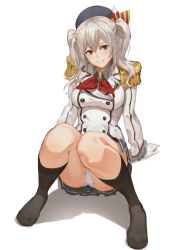 Rule 34 | 10s, 1girl, blue eyes, epaulettes, gloves, hat, highres, jacket, kantai collection, kashima (kancolle), knees together feet apart, long hair, long sleeves, looking at viewer, military, military uniform, no shoes, panties, pantyshot, seinen, shirt, silver hair, sitting, skirt, smile, solo, twintails, underwear, uniform, white gloves, white panties