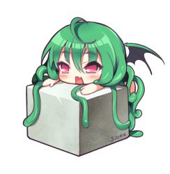 Rule 34 | 1girl, :o, ahoge, artist name, blush, chibi, cthulhu, cthulhu mythos, fang, green hair, hair between eyes, leaning on object, long hair, nude, open mouth, red eyes, solo, stone, tentacle hair, transparent background, very long hair, wings, yadamon (neverland)