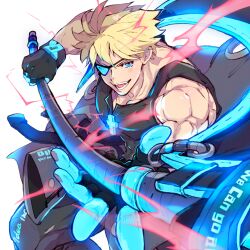 Rule 34 | 1 ssmk, 1boy, black shirt, blue eyes, cross, electricity, english text, eyepatch, fingerless gloves, flag, flagpole, gloves, guilty gear, guilty gear strive, holding, holding flag, holding weapon, male focus, muscular, muscular male, open mouth, sharp teeth, shirt, short hair, sin kiske, solo, teeth, weapon