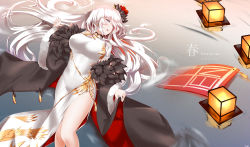 Rule 34 | 1girl, absurdres, alternate costume, artist name, azur lane, bare shoulders, blush, breasts, character name, china dress, chinese clothes, coat, dress, earrings, enterprise (azur lane), enterprise (blooming peony) (azur lane), feather trim, flight deck, flower, fur-trimmed coat, fur trim, gold, gold trim, hair between eyes, hair flower, hair ornament, half-closed eyes, highres, hoop earrings, huge filesize, jewelry, lantern, large breasts, light particles, long hair, looking away, lying, lying on water, on back, open clothes, open coat, open mouth, purple eyes, side slit, sidelocks, silver hair, solo, thighs, very long hair, white dress, winterfall (artenh)