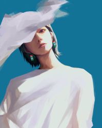 Rule 34 | 1girl, blue background, brown eyes, commentary, earrings, english commentary, green hair, head tilt, highres, jewelry, looking at viewer, one eye covered, original, shirt, simple background, solo, te&#039;resa, upper body, wataboku, white shirt