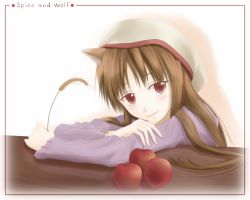 Rule 34 | 00s, animal ears, apple, brown hair, food, fruit, holo, long hair, red eyes, solo, spice and wolf, sukua, tk28, wheat, wolf ears