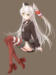 Rule 34 | 10s, 1girl, amatsukaze (kancolle), bad id, bad pixiv id, boots, choker, dress, full body, high heels, highres, kantai collection, long hair, personification, sailor dress, short dress, silver hair, simple background, solo, striped clothes, striped thighhighs, thighhighs, transistor, twintails, two side up, very long hair, yellow eyes, zettai ryouiki