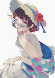 Rule 34 | 1girl, ;p, absurdres, blunt bangs, commentary request, cuzuc0, dress, flower, highres, idolmaster, idolmaster million live!, looking at viewer, looking back, nonohara akane, one eye closed, red eyes, short hair, sleeveless, sleeveless dress, solo, sundress, sunglasses, tongue, tongue out, white background, white dress