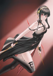 Rule 34 | 1girl, absurdres, ailae, bare shoulders, black choker, black dress, black gloves, black hair, black thighhighs, blood, bloody weapon, boots, breasts, choker, cleavage, closed mouth, collarbone, dagger, dress, dual wielding, earrings, fingerless gloves, floating hair, floral print, flower, from side, gloves, gold earrings, gold hairband, hair flower, hair ornament, hairband, highres, holding, holding dagger, holding knife, holding weapon, jewelry, knee up, knife, legs, long hair, looking at viewer, medium breasts, nail polish, pendant choker, red eyes, red nails, rose, rose print, short hair with long locks, sidelocks, solo, spikes, spy x family, stiletto (weapon), thigh boots, thighhighs, thighs, two-sided dress, two-sided fabric, weapon, yor briar