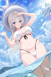 Rule 34 | 1girl, absurdres, arm up, arms up, bare arms, bare shoulders, bikini, blue eyes, breasts, bubble, cleavage, day, grey hair, hand up, hat, hido (cherryhido), highres, in water, large breasts, long hair, looking at viewer, multi-strapped bikini, navel, novel illustration, official art, original, outdoors, parted lips, skindentation, solo, standing, string bikini, sun hat, sunlight, swimsuit, thigh gap, thighs, underboob, very long hair, wading, water, wet, white bikini, white hair, white hat