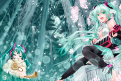 Rule 34 | 1girl, aqua eyes, aqua hair, bridal gauntlets, center opening, elbow gloves, fingerless gloves, flower, gloves, hatsune miku, hatsune miku (append), highres, instrument, keytar, long hair, looking at viewer, open mouth, sitting, smile, tree, tsukineko, twintails, very long hair, vocaloid, vocaloid append