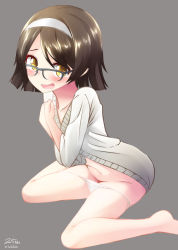 Rule 34 | 10s, 1girl, bad id, bad pixiv id, brown eyes, brown hair, dated, from side, glasses, grey background, kantai collection, nekobaka, no pants, panties, short hair, simple background, sitting, solo, tanikaze (kancolle), underwear