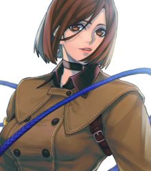 Rule 34 | 1girl, black choker, breasts, brown eyes, brown hair, brown jacket, choker, commentary, english commentary, hair between eyes, jacket, ktovhinao, lips, looking at viewer, medium breasts, military, military uniform, parted lips, short hair, simple background, snk, solo, the king of fighters, the king of fighters xv, uniform, upper body, whip, whip (kof), white background
