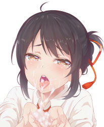 Rule 34 | 10s, 1girl, aimee (emi), aimee (origin), bad id, bad pixiv id, black hair, blush, brown eyes, cum, cum in mouth, cum on hands, cupping hands, facial, highres, kefir, kimi no na wa., kuchikamizake, looking at viewer, miyamizu mitsuha, nose blush, open mouth, own hands together, short hair, simple background, solo, string, string of fate, suggestive fluid, tears, tongue, tongue out, white background