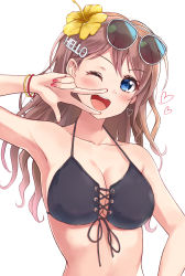Rule 34 | 1girl, ;d, aranami shibuki, arm up, armpits, bang dream!, bikini, black bikini, black ribbon, blue eyes, blush, breasts, brown hair, cleavage, collarbone, commentary request, cross-laced clothes, earrings, english text, eyewear on head, fingernails, flower, hair flower, hair ornament, hairclip, heart, heart earrings, hibiscus, highres, jewelry, long fingernails, long hair, looking at viewer, medium breasts, nail polish, one eye closed, open mouth, red nails, ribbon, simple background, smile, solo, star (symbol), sunglasses, swimsuit, upper body, wavy hair, white-framed eyewear, white background, wristband, yamabuki saya, yellow flower