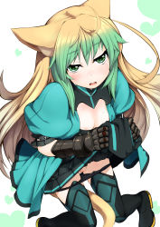 Rule 34 | 1girl, ahoge, animal ears, arm belt, arm garter, asymmetrical gloves, atalanta (fate), black footwear, black panties, black skirt, black thighhighs, blonde hair, blush, boots, breasts, cat ears, cat tail, cleavage, cleavage cutout, clothes lift, clothing cutout, dress, dress lift, fate/grand order, fate (series), gauntlets, gloves, gradient hair, green eyes, green hair, heart, highres, holding, holding clothes, holding skirt, juliet sleeves, long hair, long sleeves, looking at viewer, miniskirt, multicolored hair, nejime, open mouth, panties, panty pull, pleated skirt, puffy short sleeves, puffy sleeves, pussy, short sleeves, simple background, skirt, skirt lift, small breasts, solo, sweat, sweatdrop, tail, thigh boots, thighhighs, two-tone hair, underwear, uneven gloves, very long hair, white background
