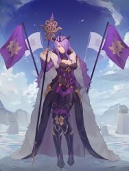 Rule 34 | 1girl, armor, breasts, camilla (fire emblem), camilla (light of nohr) (fire emblem), cape, cleavage, cleavage cutout, cloak, clothing cutout, crown, fire emblem, fire emblem fates, fire emblem heroes, flag, full body, fur-trimmed cloak, fur cloak, fur trim, greaves, hair over one eye, highres, holding, holding polearm, holding weapon, large breasts, long hair, nintendo, obsession, polearm, purple eyes, purple hair, solo, spear, waist cape, weapon