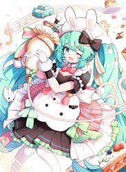 Rule 34 | 1girl, ;d, animal, animal ears, apron, aqua eyes, black dress, bow, cake, cake slice, car, collar, commentary request, detached collar, dress, eighth note, fake animal ears, feet out of frame, food, frilled dress, frills, fruit, gloves, green hair, hatsune miku, hehehzb, highres, holding, knees together feet apart, motor vehicle, musical note, one eye closed, open mouth, pantyhose, pastry bag, plate, pleated dress, puffy short sleeves, puffy sleeves, quarter note, rabbit, rabbit ears, red bow, short sleeves, smile, solo, strawberry, treble clef, vocaloid, white apron, white collar, white gloves, white headwear, white pantyhose, wing collar