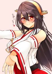Rule 34 | 10s, 1girl, bad id, bad nicoseiga id, bare shoulders, black hair, blush, breasts, brown eyes, choker, collar, detached sleeves, hair between eyes, hair ornament, hairband, hairclip, haruna (kancolle), headgear, heart, heart-shaped lock, heart lock (kantai collection), highres, japanese clothes, jewelry, kantai collection, large breasts, lock, long hair, nontraditional miko, outstretched arms, pink background, red skirt, ribbon-trimmed sleeves, ribbon trim, ring, simple background, skirt, smile, solo, translation request, tsukui kachou, wedding band, wide sleeves