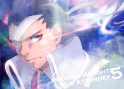 Rule 34 | 1boy, ace attorney, apollo justice, bandage over one eye, bandages, brown hair, capcom, copyright name, kashiyado, male focus, phoenix wright: ace attorney - dual destinies, portrait, red eyes, serious, solo