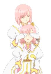 Rule 34 | 00s, 1girl, covering another&#039;s eyes, dress, dual persona, elbow gloves, estellise sidos heurassein, gloves, green eyes, lowres, pink hair, short hair, simple background, smile, tales of (series), tales of vesperia, tempyou kango, white background, white gloves