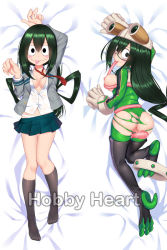 Rule 34 | 10s, 1girl, ass, asui tsuyu, back, bed sheet, blush, bodysuit, boku no hero academia, breasts, dakimakura (medium), full body, green hair, long tongue, looking at viewer, lying, medium breasts, nipples, on back, on stomach, panties, panty peek, pussy, school uniform, sideboob, skirt, solo focus, tongue, tongue out, torn bodysuit, torn clothes, unbuttoned, unbuttoned shirt, uncensored, underwear, white panties