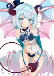Rule 34 | 1girl, arms behind back, bare shoulders, blue eyes, blue hair, blue wings, blush, breasts, demon girl, demon horns, demon tail, demon wings, detached sleeves, dress, feet out of frame, hat, highres, horns, light blue hair, looking at viewer, mini hat, mini top hat, navel, open mouth, original, pink wings, revealing clothes, see-through, see-through dress, short hair, simple background, small breasts, solo, subetehakai, tail, tilted headwear, top hat, two-tone wings, white background, wings