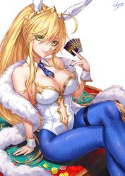 Rule 34 | 1girl, animal ears, arm support, artoria pendragon (all), artoria pendragon (fate), artoria pendragon (lancer) (fate), artoria pendragon (swimsuit ruler) (fate), bare shoulders, blonde hair, blue nails, blue necktie, blue pantyhose, blurry, blush, breasts, card, casino card table, cleavage, crossed legs, detached collar, fake animal ears, fate/grand order, fate (series), feather boa, fishnets, green eyes, hair between eyes, highres, holding, holding card, large breasts, leotard, long hair, looking at viewer, nail polish, necktie, pantyhose, parted lips, playboy bunny, playing card, ponytail, rabbit ears, sakiyamama, sidelocks, signature, simple background, solo, table, white background, white leotard, wrist cuffs