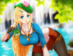 Rule 34 | 1girl, blonde hair, blush, braid, breasts, crown braid, elf, esther shen, frog, gloves, large breasts, lily pad, long hair, nintendo, parted bangs, pointy ears, princess zelda, smile, solo, swept bangs, the legend of zelda, the legend of zelda: breath of the wild