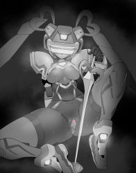 Rule 34 | 1girl, android, anus, blush, breasts, censored, fei-yen, greyscale, heart, heart censor, heart hair, holding, holding sword, holding weapon, looking at viewer, medium breasts, monochrome, nude, pochincoff, pussy, robot, sitting, solo, spread legs, sweat, sword, twintails, virtual on, weapon