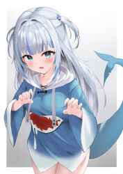 Rule 34 | 1girl, absurdres, blue eyes, blue hair, blue hoodie, blunt bangs, blush, choppy bangs, cilu shinomori, claw pose, commentary, cowboy shot, embarrassed, fang, fingernails, fins, fish tail, gawr gura, gawr gura (1st costume), grey hair, hair ornament, highres, hololive, hololive english, hood, hoodie, long hair, long sleeves, looking at viewer, multicolored hair, no pants, open mouth, parted hair, shark hair ornament, shark tail, skin fang, solo, streaked hair, tail, two side up, virtual youtuber, wide sleeves