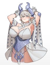 Rule 34 | 1girl, absurdres, armpits, arms up, breasts, cleavage, duel monster, gloves, grey eyes, highres, horns, huge breasts, lovely labrynth of the silver castle, plump, pointy ears, scemonkey, solo, strapless, white hair, yu-gi-oh!