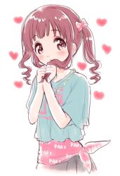 Rule 34 | 1girl, amezawa koma, blue shirt, blush, bow, brown eyes, brown hair, hair bow, heart, holding, holding hair, idolmaster, idolmaster cinderella girls, jewelry, looking at viewer, medium hair, necklace, ogata chieri, open mouth, shirt, simple background, sketch, solo, t-shirt, twintails, upper body, white background