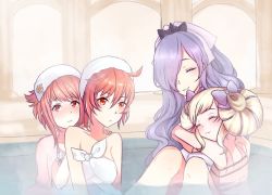 Rule 34 | 4girls, alternate costume, arukioki, bad id, bad twitter id, blonde hair, bow, camilla (fire emblem), closed eyes, closed mouth, dress, elise (fire emblem), fire emblem, fire emblem fates, fire emblem heroes, hair bow, hair over one eye, hinoka (fire emblem), hug, long hair, multicolored hair, multiple girls, naked towel, nintendo, official alternate costume, pink dress, pink hair, purple bow, purple hair, red eyes, red hair, sakura (fire emblem), short hair, siblings, sisters, smile, towel, towel on head, twintails