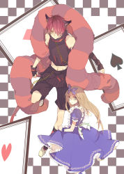 Rule 34 | 1boy, 1girl, ace (playing card), alice in wonderland, alice liddell (kuni no alice), alternate eye color, animal ears, apron, bad id, bad pixiv id, blonde hair, blue socks, boris airay, bow, card, cat ears, chain, checkered background, clothing cutout, clover, collar, detached sleeves, diamond (shape), dress, earrings, feather boa, fingerless gloves, frills, gloves, green eyes, hair bow, hair ornament, hair over one eye, heart, heart no kuni no alice, highres, jewelry, kneehighs, long hair, looking at viewer, looking back, navel, navel cutout, navel piercing, piercing, pink hair, pink socks, playing card, puffy sleeves, shoelaces, short hair, shorts, sleeveless, smile, socks, spade, standing, standing on one leg, striped clothes, striped socks, tattoo, weapon, white socks, wristband, yellow eyes, zetzetzet (chomi), zipper