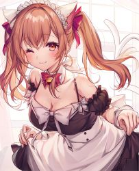 Rule 34 | 1girl, ;3, animal ears, apron, bare shoulders, bell, black dress, bow, bowtie, breasts, cat ears, cleavage, close-up, collarbone, curtsey, detached collar, detached sleeves, dress, hair bow, highres, jingle bell, komeshiro kasu, large breasts, leaning forward, long hair, looking at viewer, maid, maid apron, maid headdress, one eye closed, orange eyes, orange hair, original, smile, solo, spaghetti strap, twintails, wrist cuffs