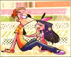 Rule 34 | 1boy, 1girl, black hair, blue eyes, bow, child, commentary request, dress, hair bow, isabella garcia-shapiro, long hair, open mouth, phineas and ferb, phineas flynn, pink bow, pink dress, red hair, shirt, sitting, smile, sudako (tkb315), toon (style)