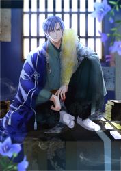 Rule 34 | 1boy, blue hair, book stack, feather boa, floral print, flower, full body, hanging scroll, highres, indoors, izumi (stardustalone), japanese clothes, kimono, looking at viewer, magatama, male focus, scroll, sitting, student solver