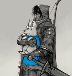 Rule 34 | armor, blood, blood on clothes, blue eyes, bow (weapon), cape, carrying, chipped sword, collar, commentary, dog, english commentary, english text, gloves, grey background, hood, original, petting, psuede, scar, scar on face, scarf, spot color, sword, weapon