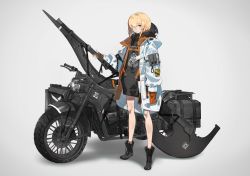 Rule 34 | 1girl, axe, bare legs, belt buckle, black dress, black footwear, blonde hair, boots, buckle, commentary, dress, eyepatch, full body, grey background, heavily armed high school girls, highres, holding, holding axe, holding weapon, hood, hood down, jacket, long sleeves, medical eyepatch, motor vehicle, motorcycle, neco, open clothes, open jacket, orange eyes, original, san (heavily armed high school girls), san (neco), short hair, sidelocks, simple background, sleeves past fingers, sleeves past wrists, solo, standing, weapon, white jacket