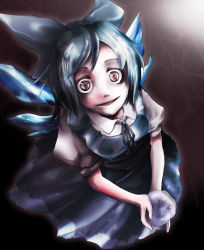 Rule 34 | 1girl, ark ardjet zoe, bad id, bad pixiv id, blue hair, bow, cirno, creepy, female focus, frog, from above, frozen, frozen frog, hair bow, highres, horror (theme), looking at viewer, looking up, puffy short sleeves, puffy sleeves, red eyes, short hair, short sleeves, smile, solo, touhou, wings