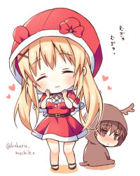 Rule 34 | 1boy, 1girl, ^ ^, animal costume, antlers, belt, black belt, blonde hair, blush, bow, breasts, brown eyes, brown hair, chibi, christmas, cleavage, clenched hands, closed eyes, closed mouth, commentary request, dress, embarrassed, facing viewer, frown, hair between eyes, hair ornament, hands up, happy, haruchimo, heart, highres, hood, hood up, horns, jitome, long hair, looking at viewer, medium breasts, nose blush, red bow, reindeer antlers, reindeer costume, ribbon, santa capelet, santa costume, santa dress, short dress, simple background, sitting, smile, standing, summer pockets, takahara hairi, translated, tsumugi wenders, twintails, twitter username, white background, white ribbon, x hair ornament