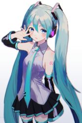 Rule 34 | 1girl, aqua eyes, arm behind back, arm up, bare shoulders, black skirt, blue eyes, blush, breasts, cleavage, collared shirt, commentary request, detached sleeves, gradient background, grey shirt, hatsune miku, headphones, highres, long hair, long sleeves, looking at viewer, miniskirt, p2 (uxjzz), pleated skirt, shirt, shoulder tattoo, skirt, solo, standing, tareme, tattoo, thighhighs, very long hair, vocaloid, white background, wing collar, zettai ryouiki